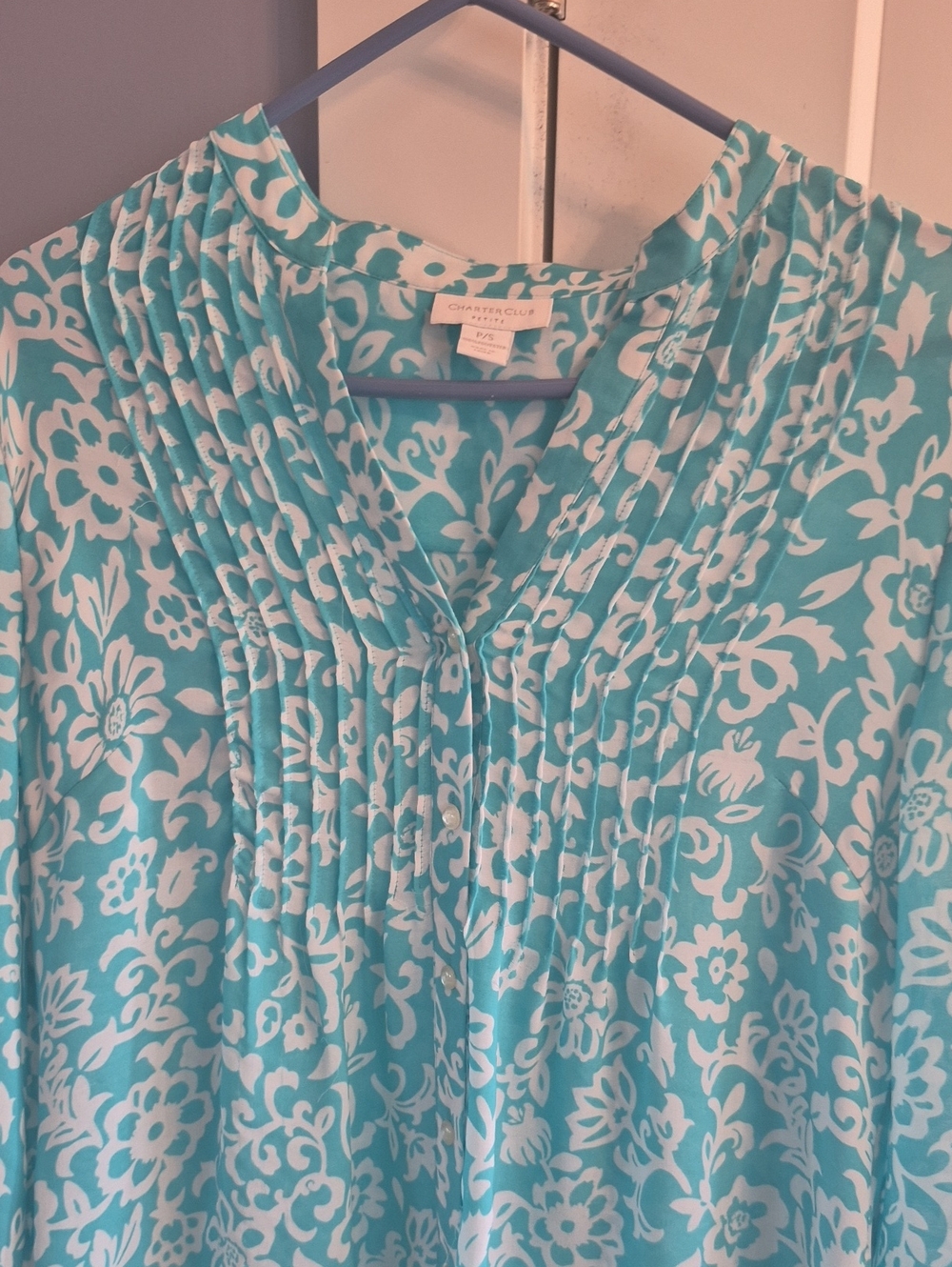 Charter Club Aqua & White Floral Pintuck V-Neck Blouse